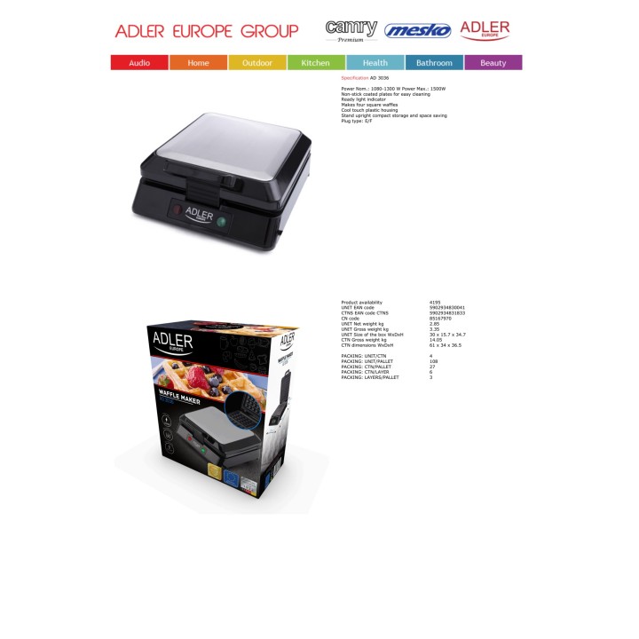 ADLER Gofrera eléctrica para 4 gofres AD3036 1500 W 57076