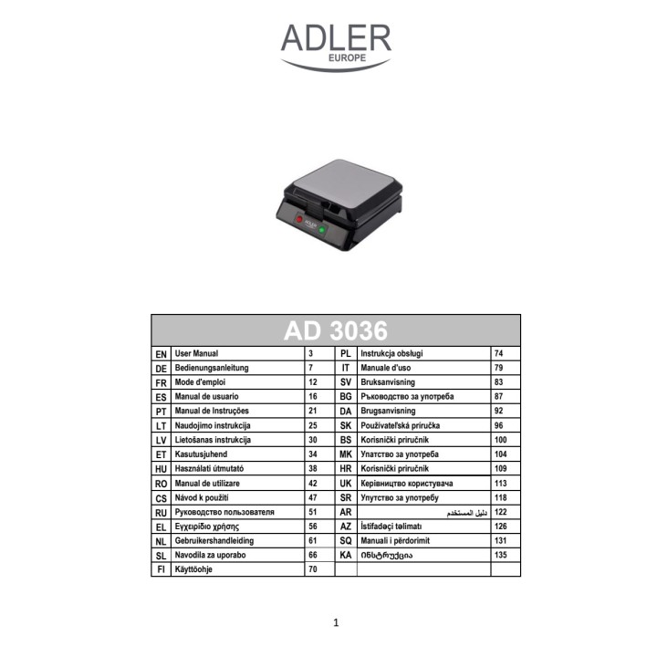 ADLER Gaufrier électrique pour 4 gaufres AD3036 1500 W 57076