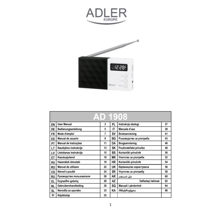 ADLER Portable digital radio with bluetooth, USB/SD player