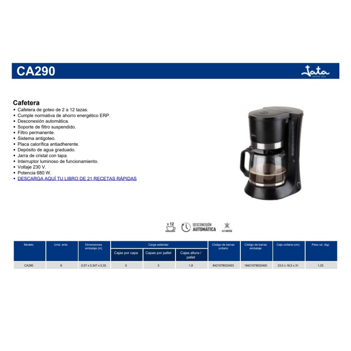 JATA Kapalni kavni aparat s trajnim filtrom 680 W 12-TAZAS
