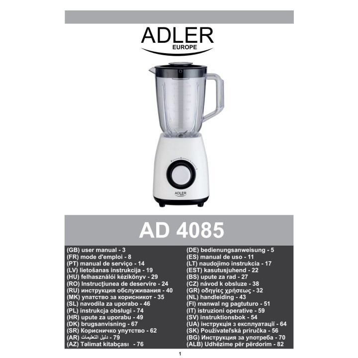 ADLER Tehosekoitin BPA-vapaalla kannulla AD4085 1000 W 1,5 L