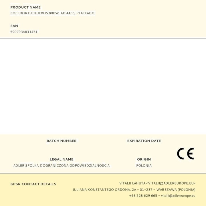 ADLER Cocedor eléctrico para 8 huevos con molde de fritos AD4486 800 W 07128VAR