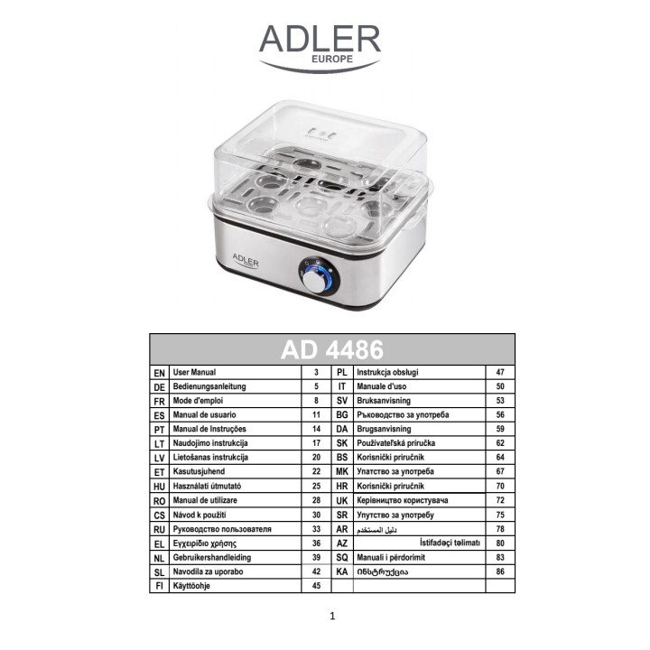 ADLER Elektrischer Eierkocher für 8 Eier mit Form für