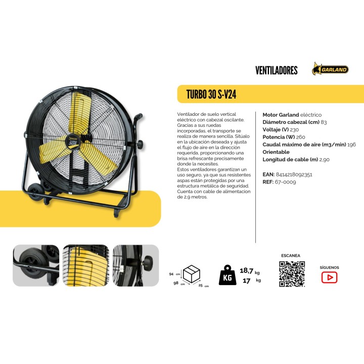 GARLAND Industrial floor fan with wheels TURBO 24S-V24 260 W
