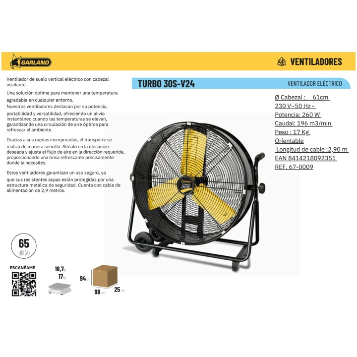 GARLAND Industrial floor fan with wheels TURBO 30S-V24 230 W