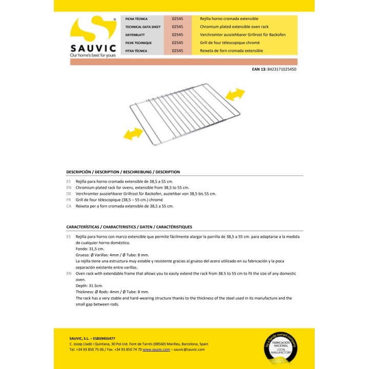 SAUVIC Griglia estensibile per forno 38,5-55X31,5CM 73814