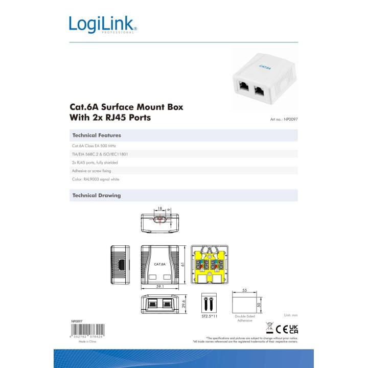 LOGILINK Caja de superficie con 2 conectores RJ45 apantallados CAT.6A 500 MHZ (2UD) 55037