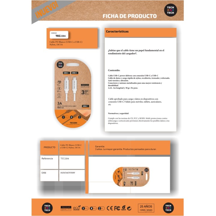 TECH ONE Cable trençat de niló amb dos connectors USB-C PD 3
