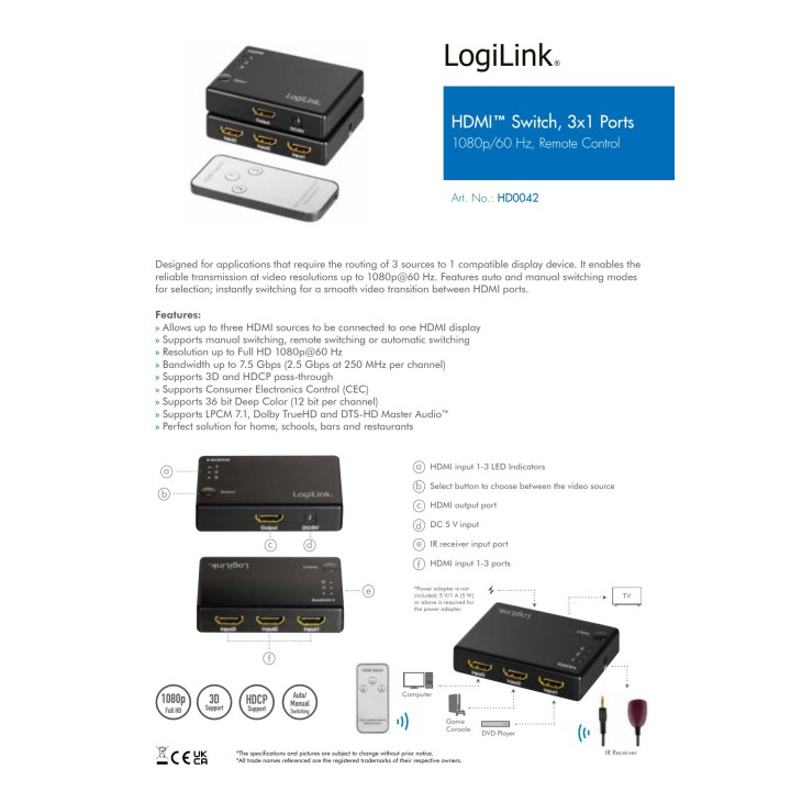 LOGILINK Commutatore HDMI a 3 porte con telecomando 1080P