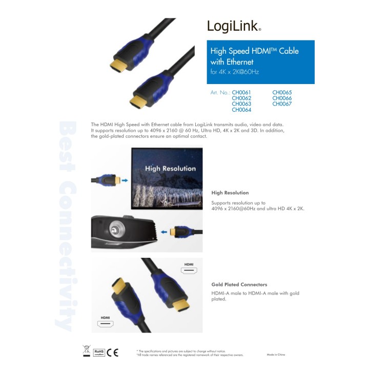 LOGILINK HDMI kábel s Ethernetom 2.0 4K2K 60HZ 14,4 GBPS