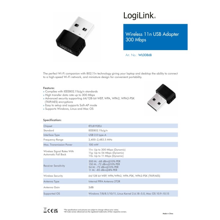LOGILINK USB Wi-Fi nano adaptér 2.0 802.11B/G/N 300 MBIT