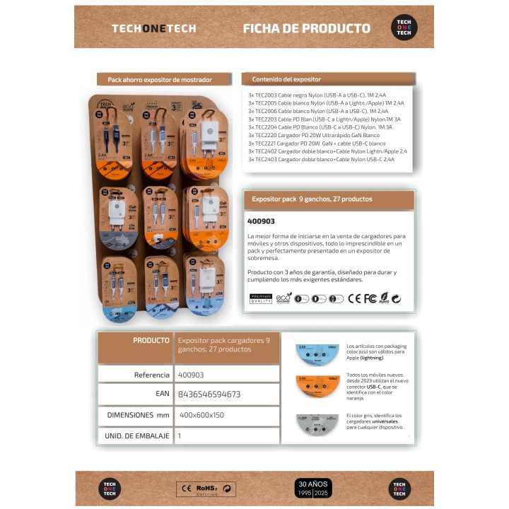 TECH ONE Expositor de cargadores USB con peana EKO 27 UDS 40X15X60CM 50066
