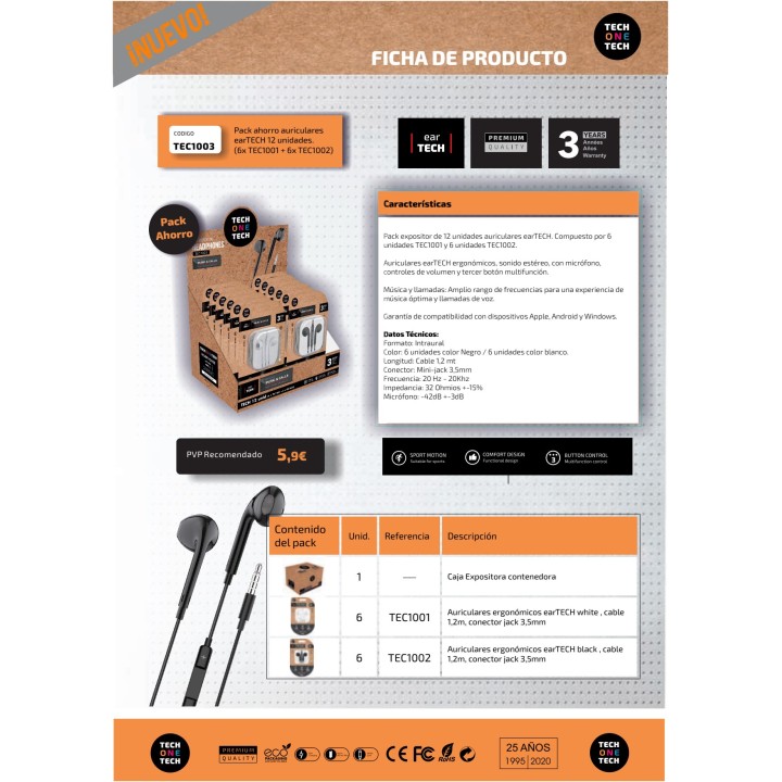 TECH ONE Présentoir d’écouteurs filaires avec microphone