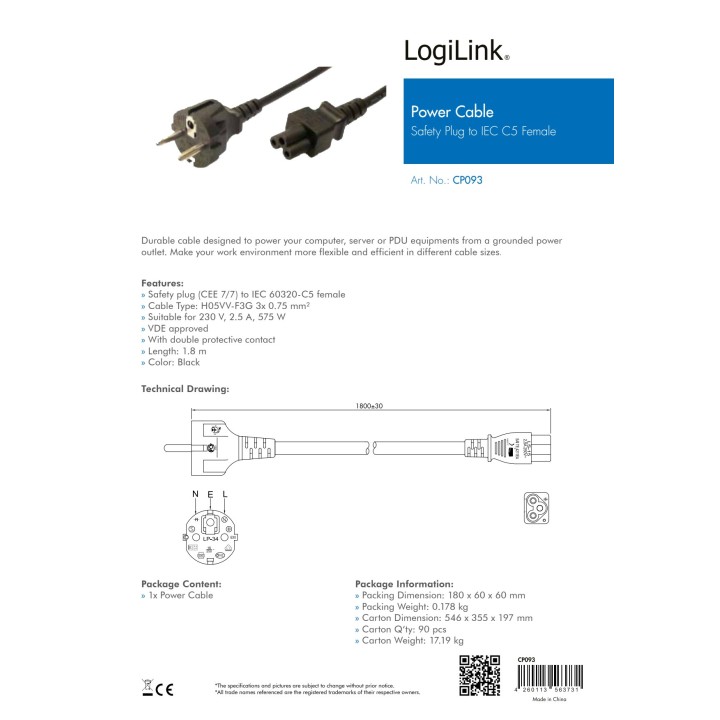 LOGILINK Napájací kábel pre notebook so zástrčkou schuko