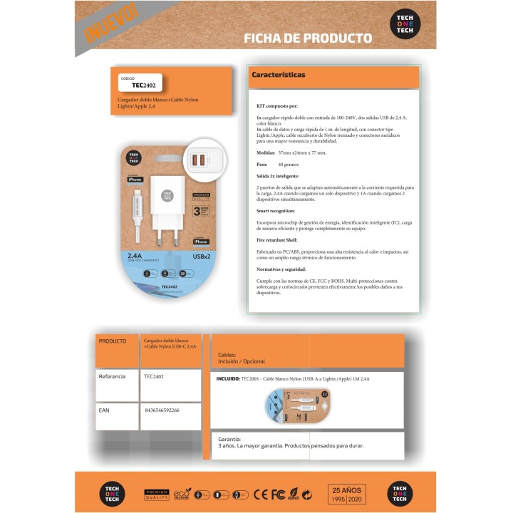 TECH ONE Podwójna ładowarka sieciowa z nylonowym kablem