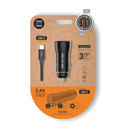 cargador de coche doble para mechero con cable usb-c 2,4 a 12 w 1 m