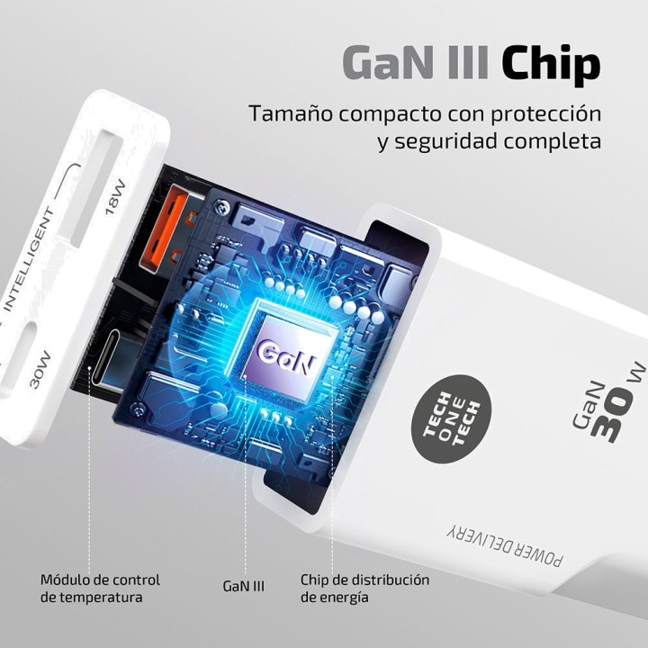 TECH ONE Cargador rápido de red USB-C y USB-A GAN PD 30 W 51166