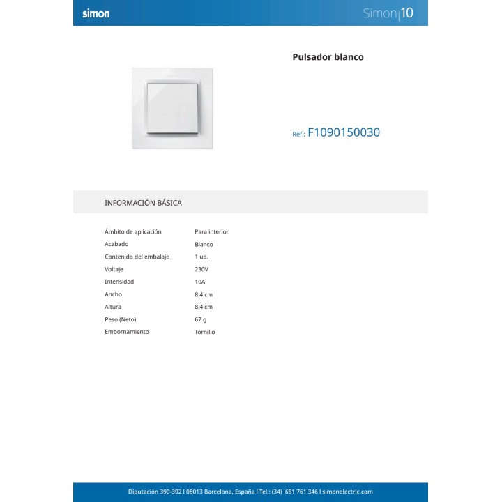 SIMON Flush-mounted push button with frame SERIE-10 10 A 230