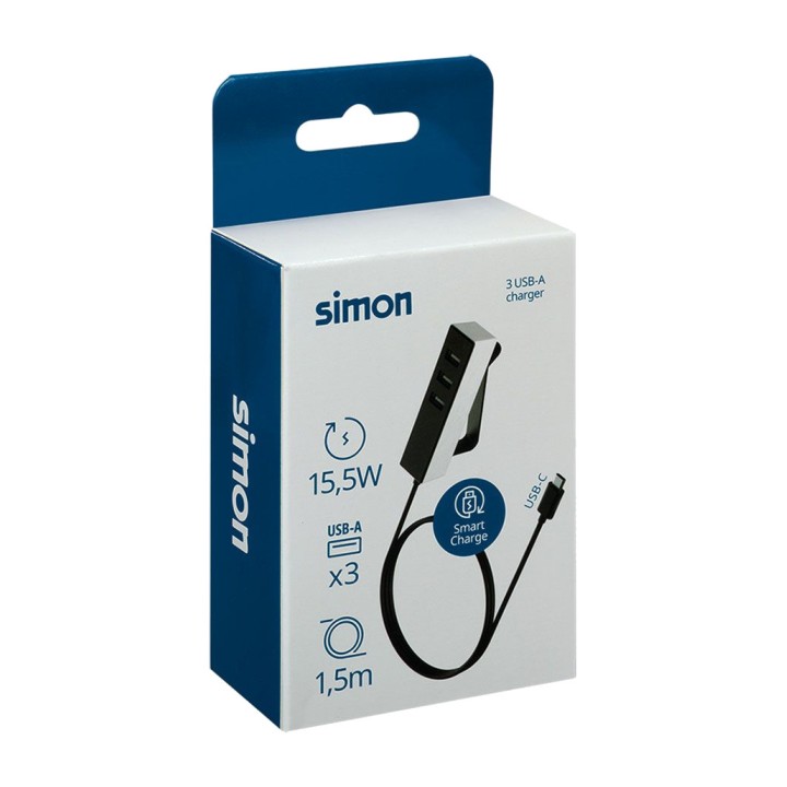 SIMON 3-port charging module with mount and cable USB-A 3 A