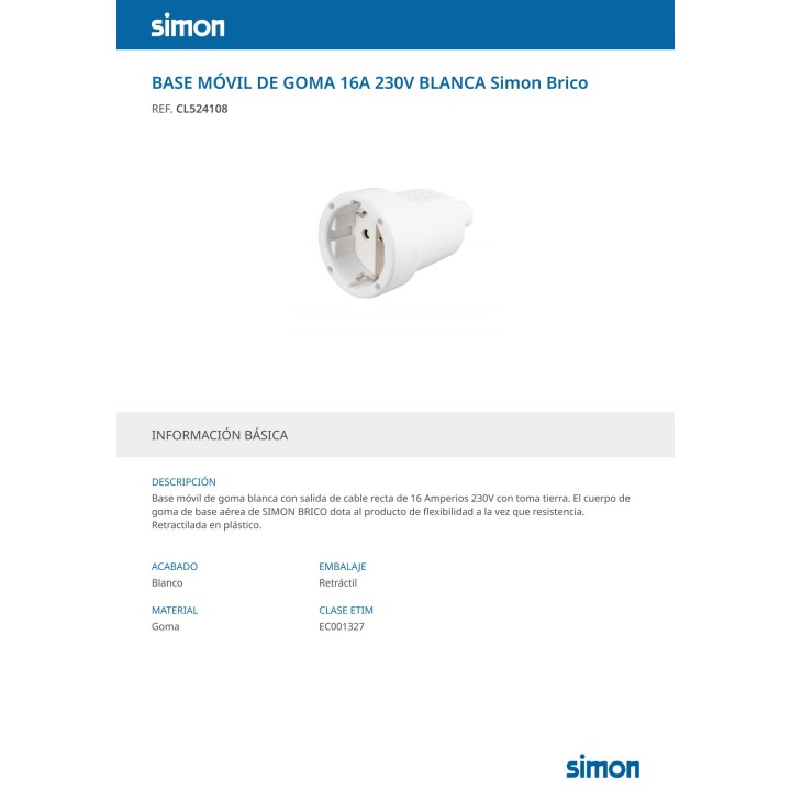 SIMON Fiche Schuko en caoutchouc 2P+T 16 A 250 V (5UD)