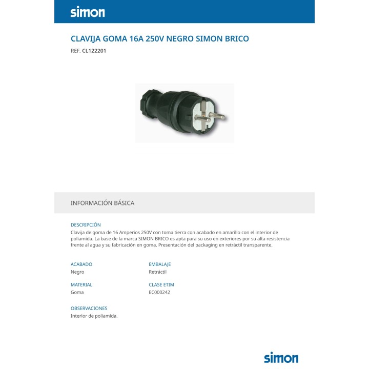 SIMON Clavija schuko de goma de salida recta 2P+T 16 A 250 V