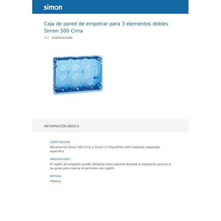 SIMON Boîte d’encastrement pour 3 éléments doubles 500 CIMA