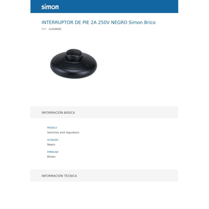 SIMON Interruttore a pedale per cavo 2 A 250 V (2UD) 45077