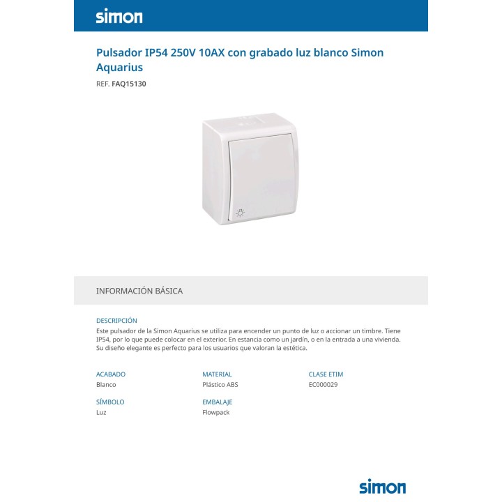 SIMON Pulsante da parete con simbolo luce AQUARIUS 10 AX 250