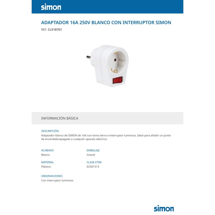 SIMON Adaptador schuko con interruptor iluminado 2P+T 16 A