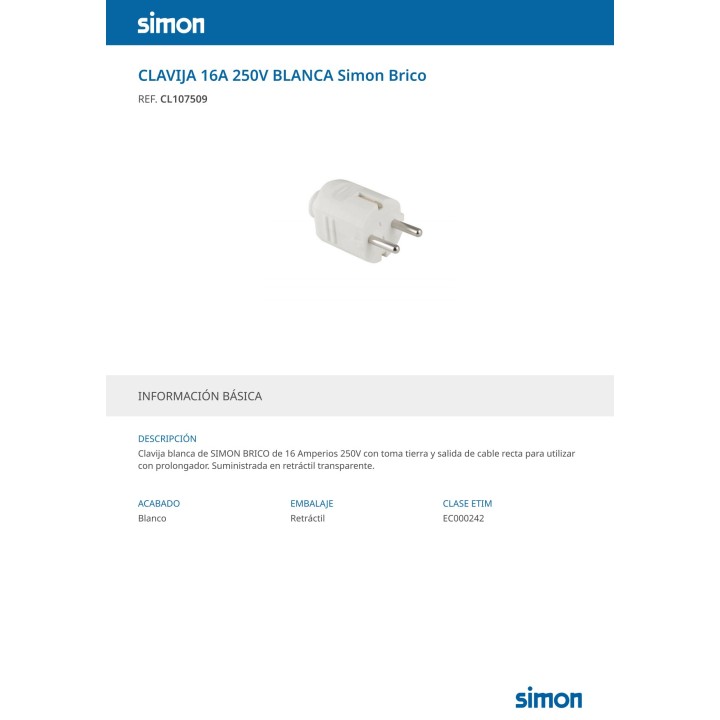 SIMON Ștecher schuko cu ieșire dreaptă a cablului 2P+T 16 A