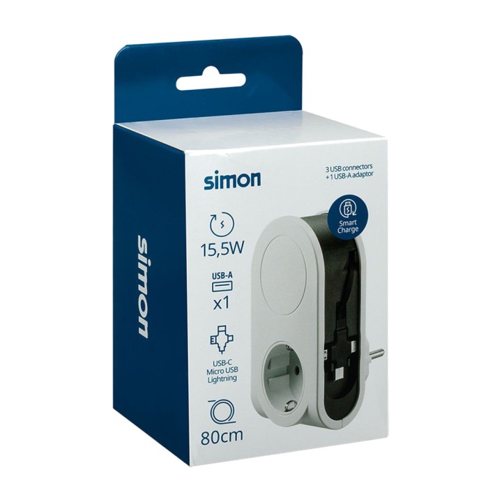 SIMON Adaptateur Schuko avec chargeur USB et câble