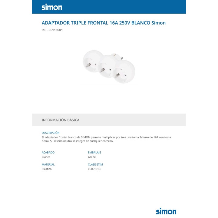 SIMON Adaptador schuko triple de salida frontal 2P+T 16 A 250 V (4UD) 40117