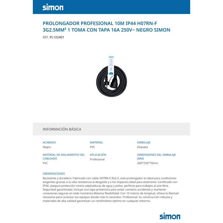 SIMON Rallonge professionnelle avec 1 prise et clapet IP44