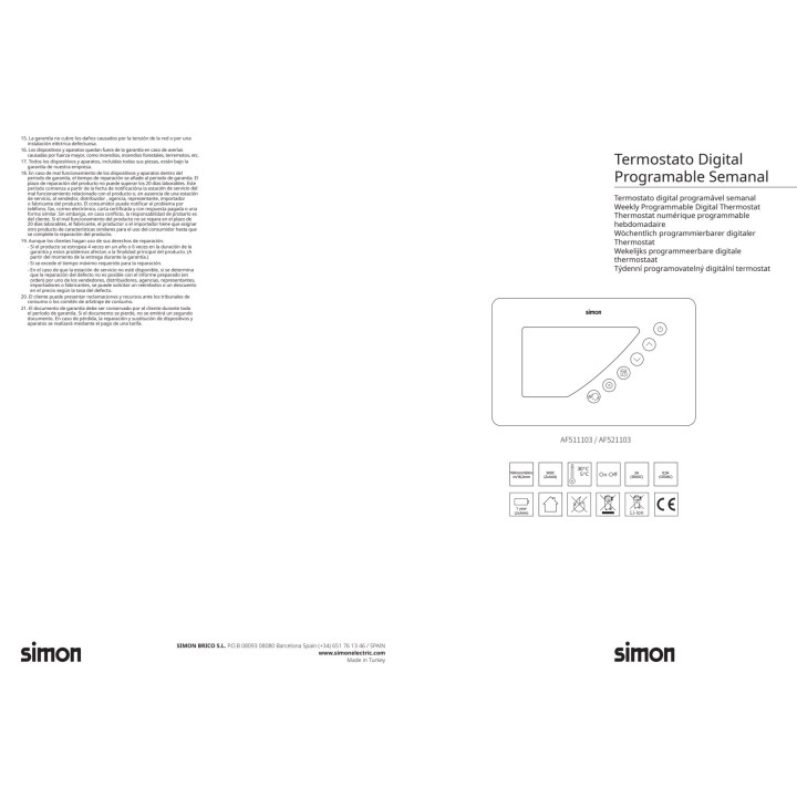SIMON Programmable digital weekly thermostat with backlit