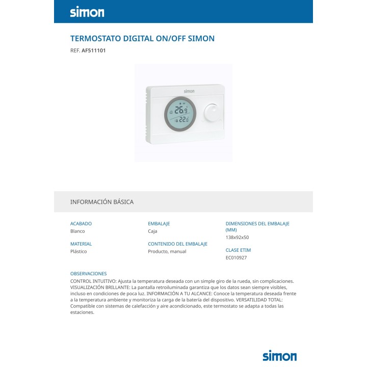 SIMON Thermostat numérique marche/arrêt avec écran