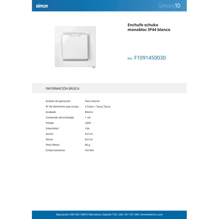 SIMON Prise Schuko monobloc avec couvercle SERIE-10 2P+T 16