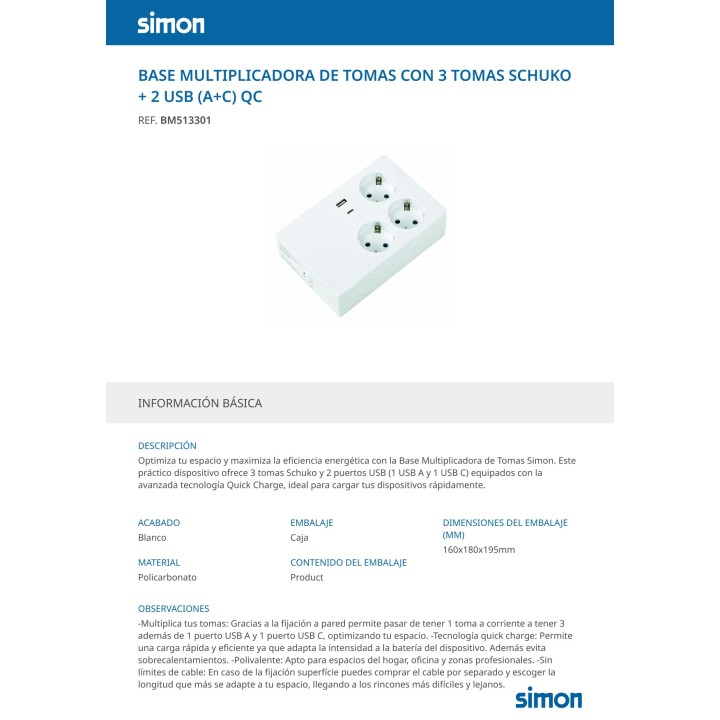 SIMON Prelungitor fără cablu cu 3 prize și USB A și C