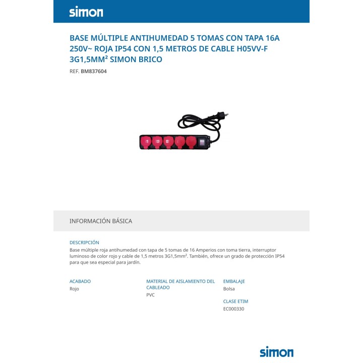SIMON Prelungitor cu 5 prize, capac și întrerupător IP44