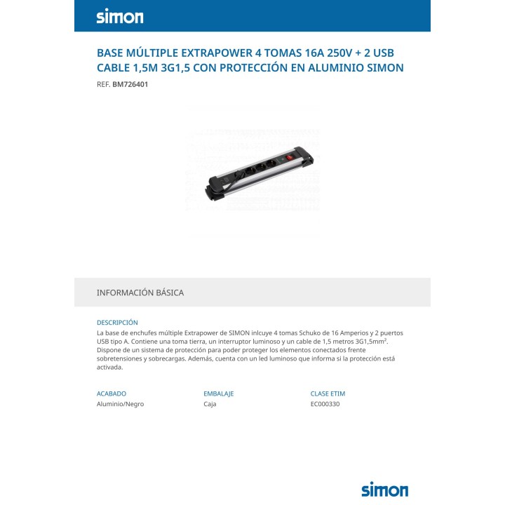 SIMON Aluminium-Mehrfachsteckdose mit 4 Steckdosen und 2