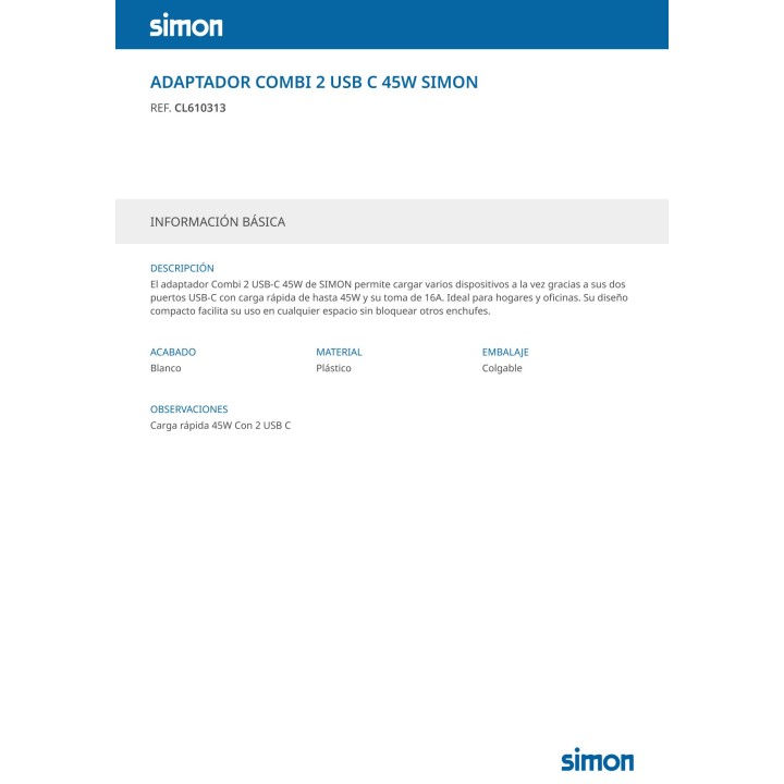 SIMON Schuko-combiadapter med 2 USB C-porte 45 W 16 A 250 V