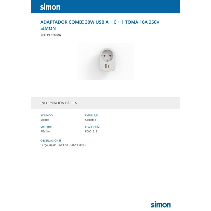 SIMON Adattatore Combi Schuko con caricatore USB-A e USB-C