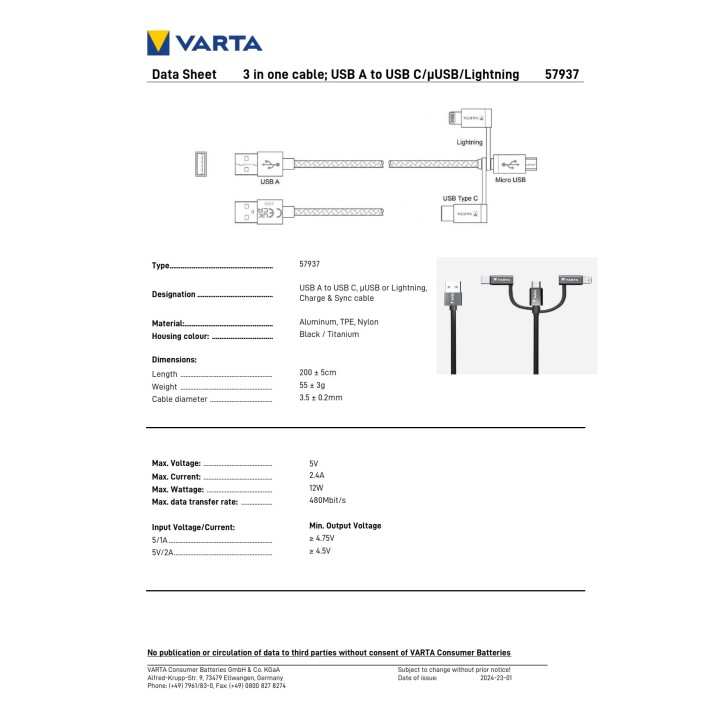 VARTA Háromszoros töltőkábel USB-A csatlakozóval