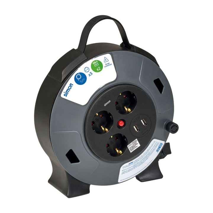 SIMON 3-socket cable reel and 2 USB H05VV-F 3G1,5 MM2 16 A