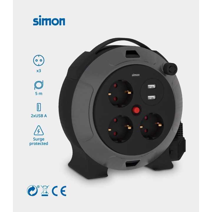 SIMON Kabeltrommel mit 3 Steckdosen und 2 USB H05VV-F 3G1,5