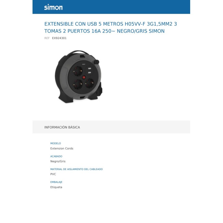 SIMON Enrollacables de 3 tomas y 2 USB H05VV-F 3G1,5 MM2 16