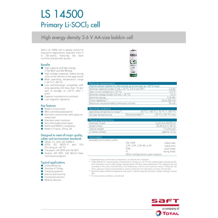 NIMO Batteria al litio-cloruro di tionile AA 14500C 3,6 V