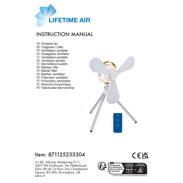 LIFETIME Rechargeable desk fan with light and remote control