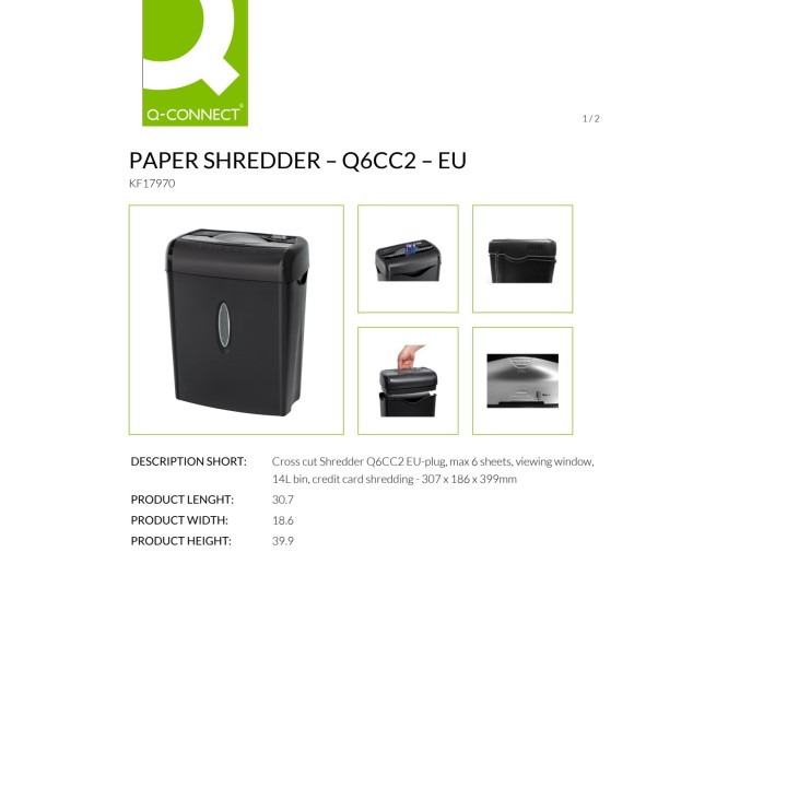 Q-CONNECT Aktenvernichter für 6 Blatt KF17970 14 L 08638