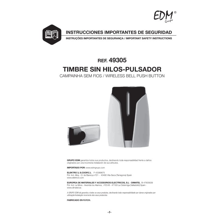 EDM Timbre musical inalámbrico con pulsador VOLGA 85 DB IP44