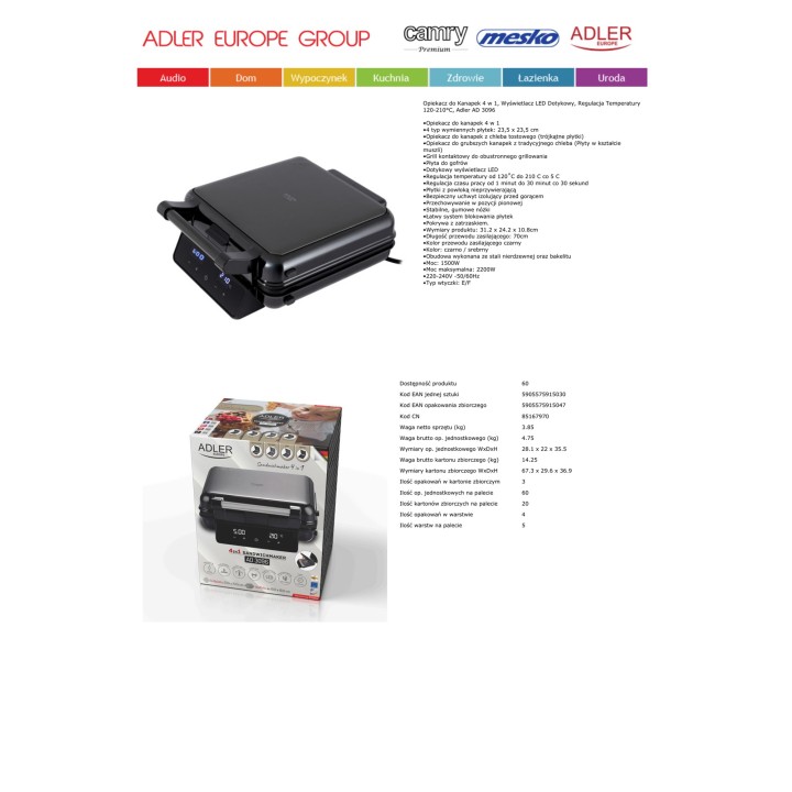 ADLER Sandwichera 4 en 1 con placas intercambiables y pantalla táctil AD3096 2200 W 57101